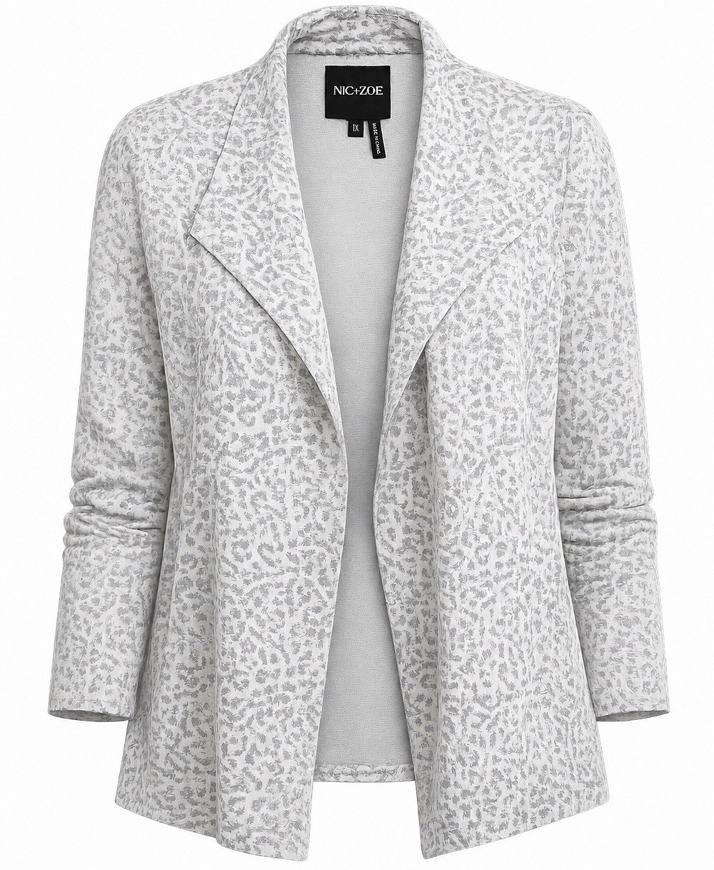 Nic + Zoe Womens Plus 1X Grey & White Leopard Rayon Blend Knit Jacket/ Cardigan